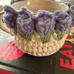 Handmade Crochet Floral Mug Cozy Purple & Green Cottagecore Coffee Cup Sleeve